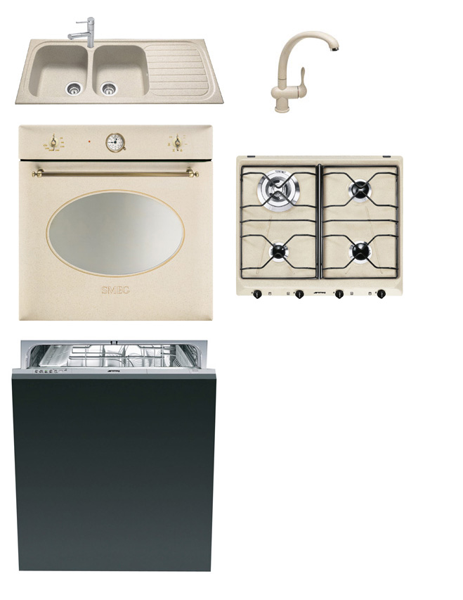 KIT SMEG LAVELLO, FORNO, MISCELATORE, LAVASTOVIGLIE, PIANO COTTURA 60 CM COLONIALE