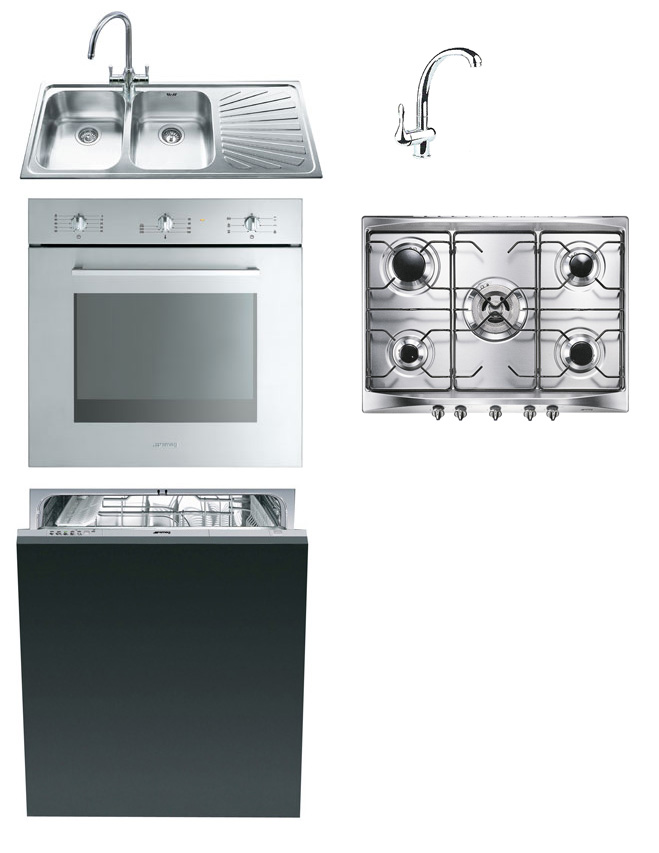 KIT SMEG LAVELLO, FORNO, MISCELATORE, LAVASTOVIGLIE, PIANO COTTURA 70 CM INOX