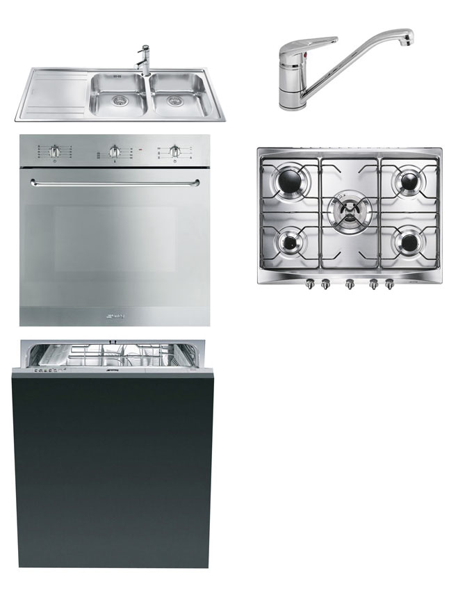 KIT SMEG LAVELLO, FORNO, MISCELATORE, LAVASTOVIGLIE, PIANO COTTURA 70 CM INOX